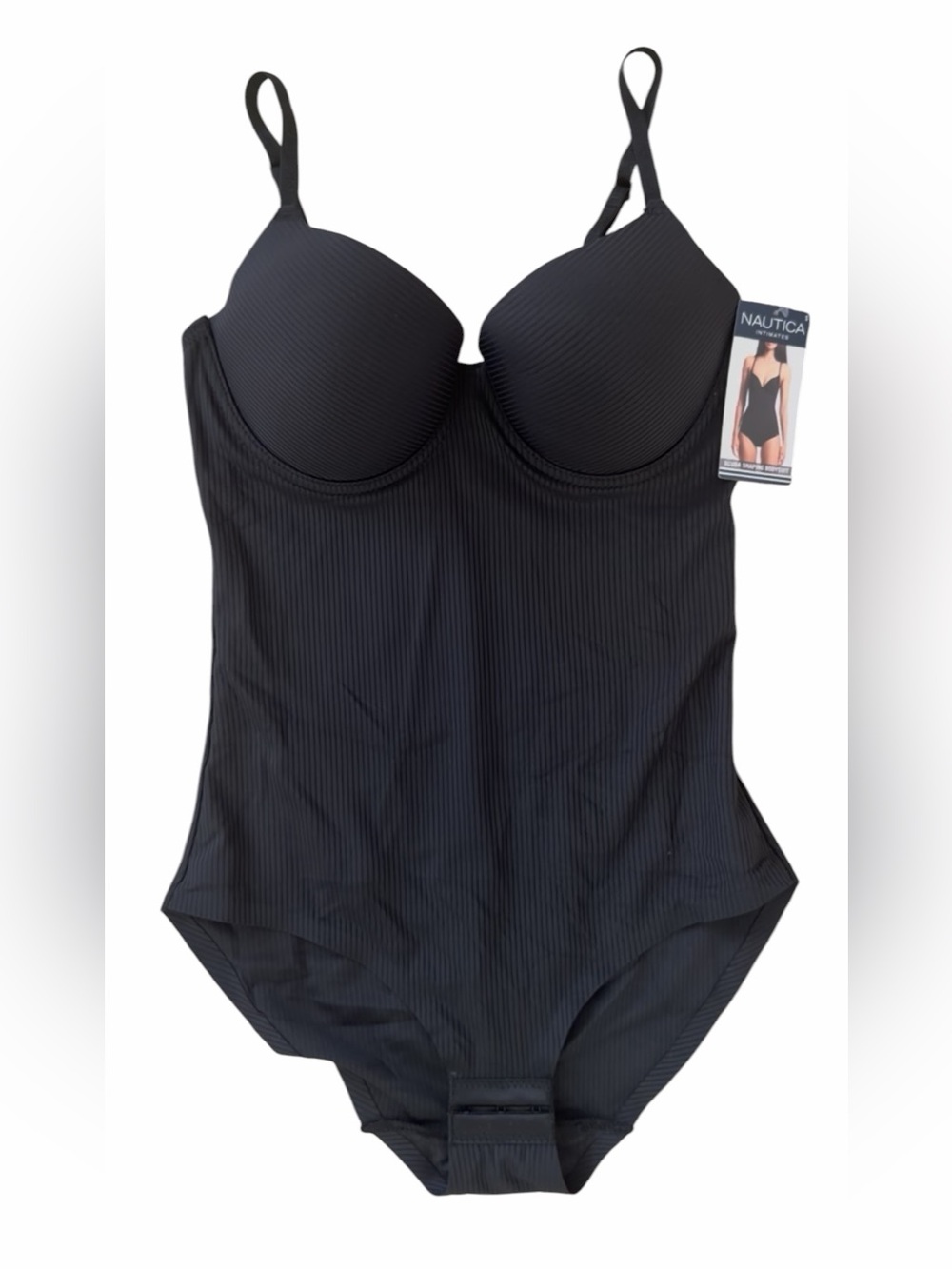 Nautica Scuba Black Ribbed Underwire Shaping Bodysuit with Adjustable Straps